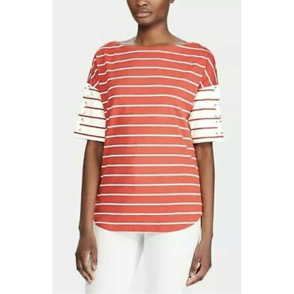 RALPH‎ LAUREN Womens New Red Striped Boat Neck 3/4 Sleeve Top PS Petites
